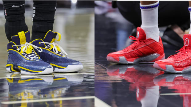 View of Moritz Wagner and Mike Conley's Air Jordan sneakers.